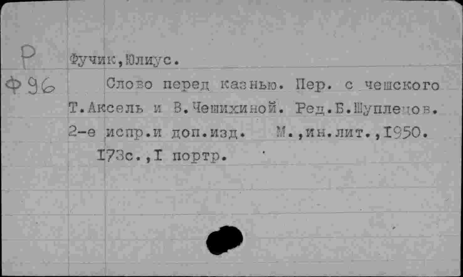 ﻿	Фучик,Юлиус.
32	Слово перед казнью. Пер. с чешского Т.Аксель и В.Чешихиной. Ред.Б.Шуплечов. 2-е испр.и доп.изд. М.,ин. лит. ,1950. 173с.,I портр.